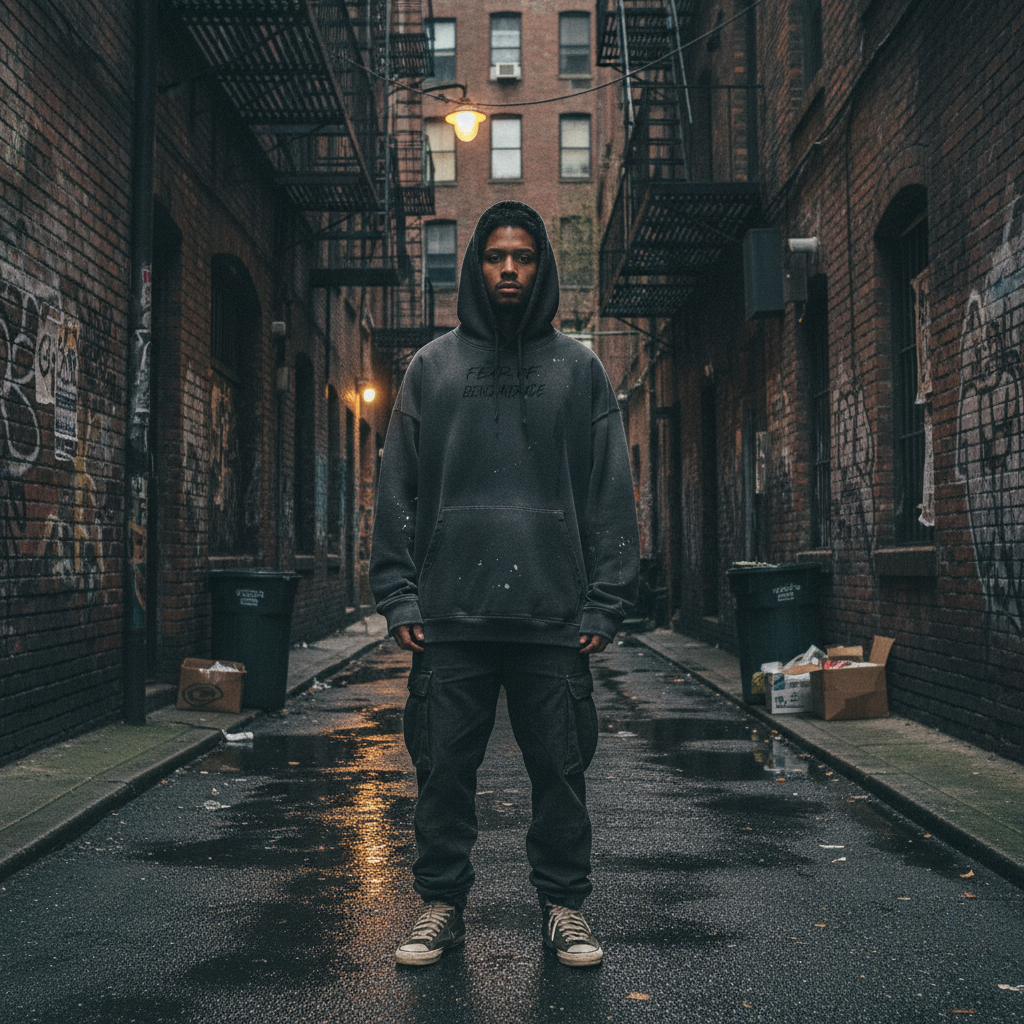 Vintage Washed "FEAR OF BEING AVERAGE" Frayed Fleece Hoodie