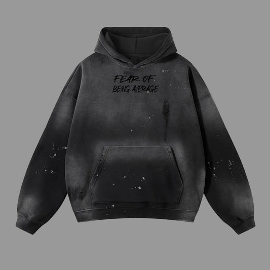 Vintage Washed "FEAR OF BEING AVERAGE" Frayed Fleece Hoodie